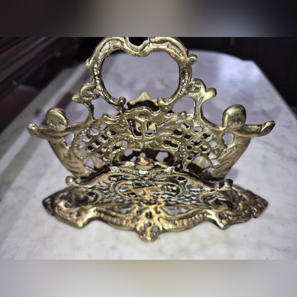 Vintage 1960s Brass Filigree Cherub Bill Letter Napkin Holder Organizer MCM - Picture 2 of 4